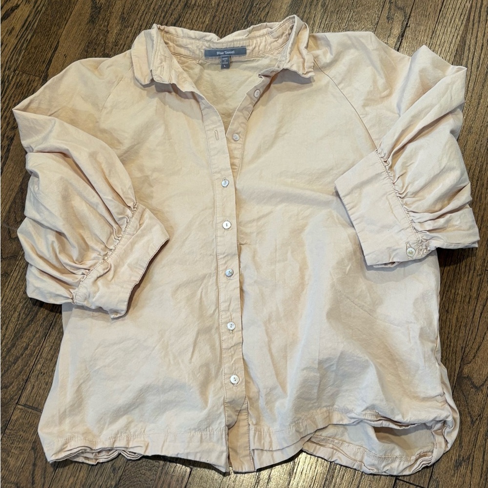 Anthropologie Blue Tassel cotton top, EUC, size large